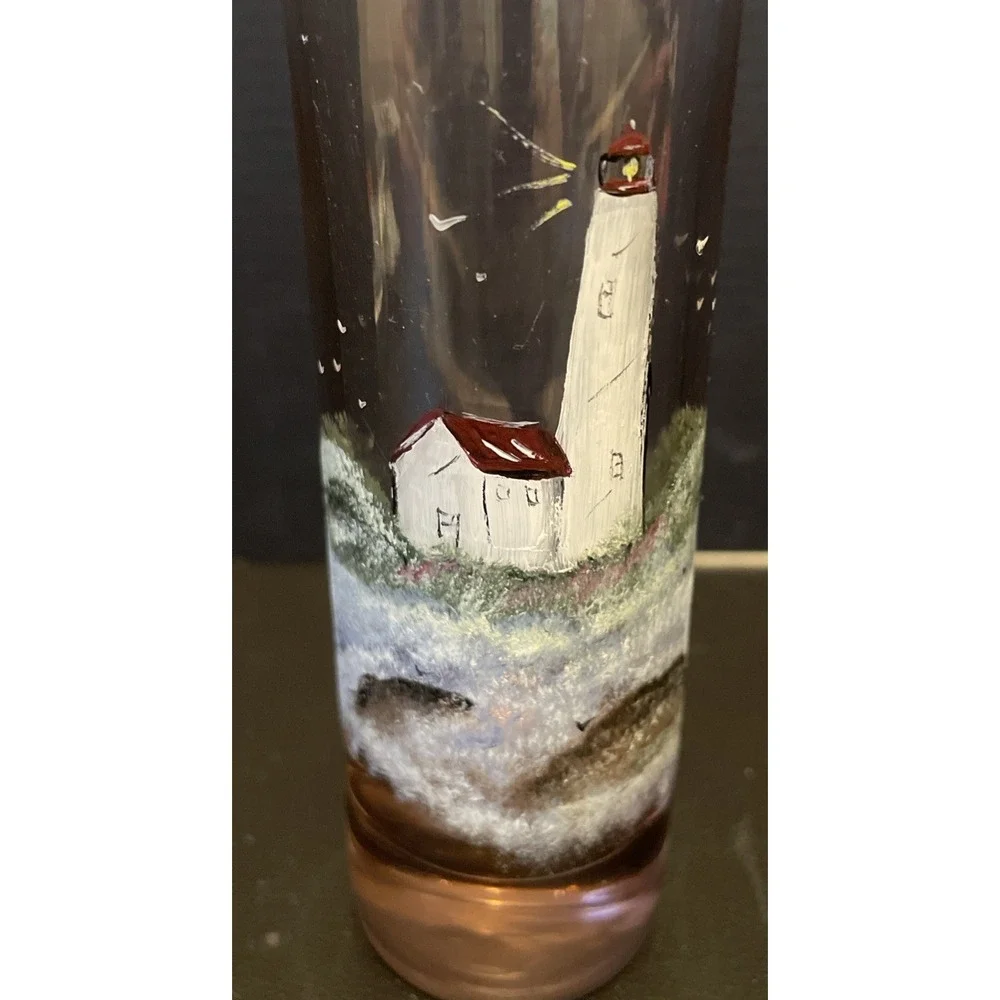 Hand Painted Lighthouse Ocean Signed Glass Bud Vase Nautical Beach 7.5
